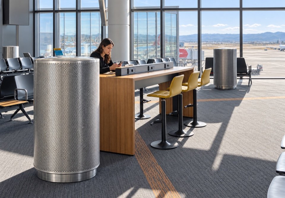 Cylindrical displacement ventilation diffusers in an airport interior.