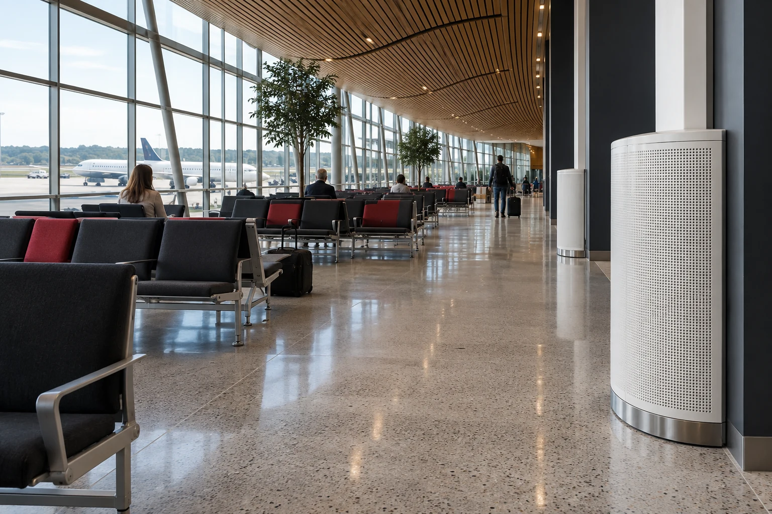 Airport lounge application illustration with a low-level displacement diffuser beside the circulation area.