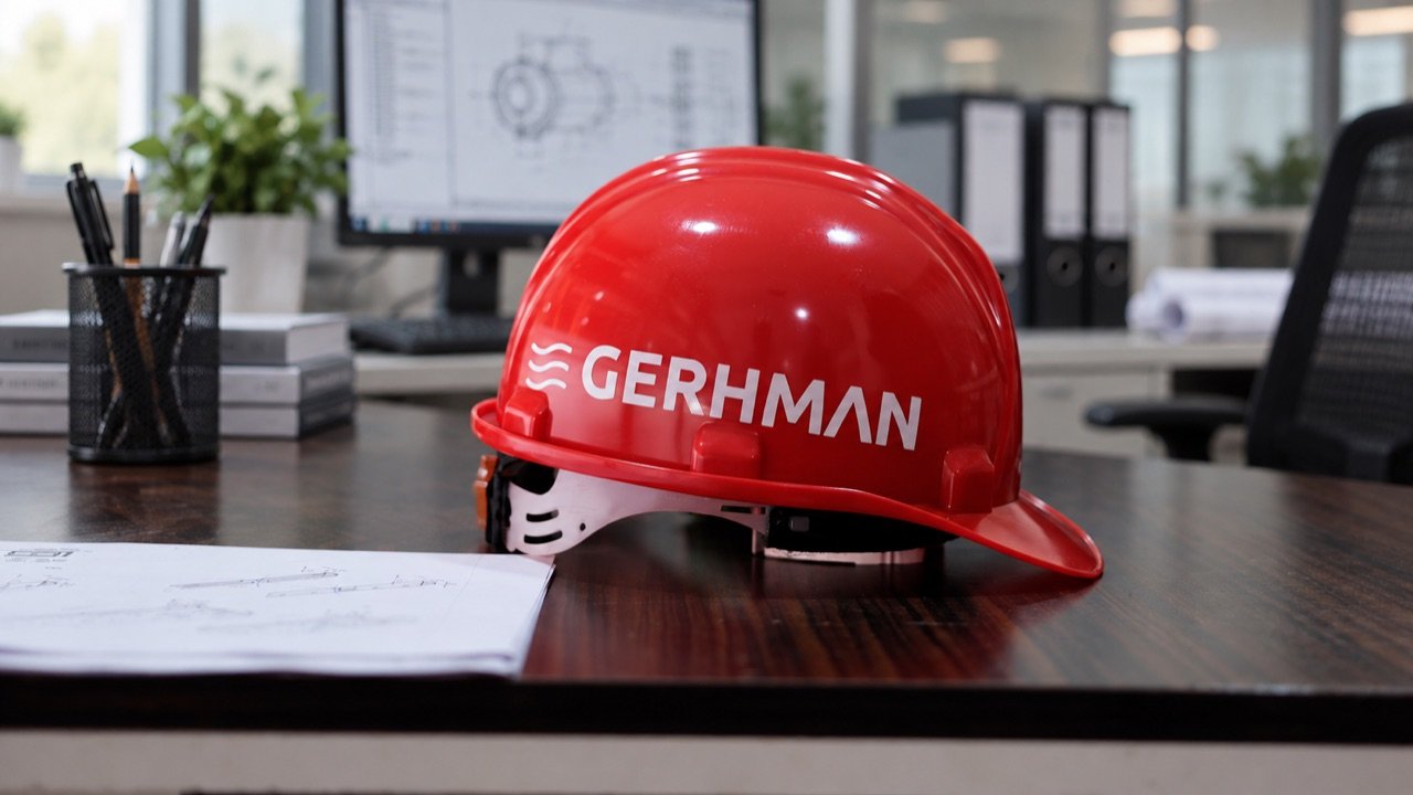 Red Gerhman safety helmet on an engineering desk with technical drawings.