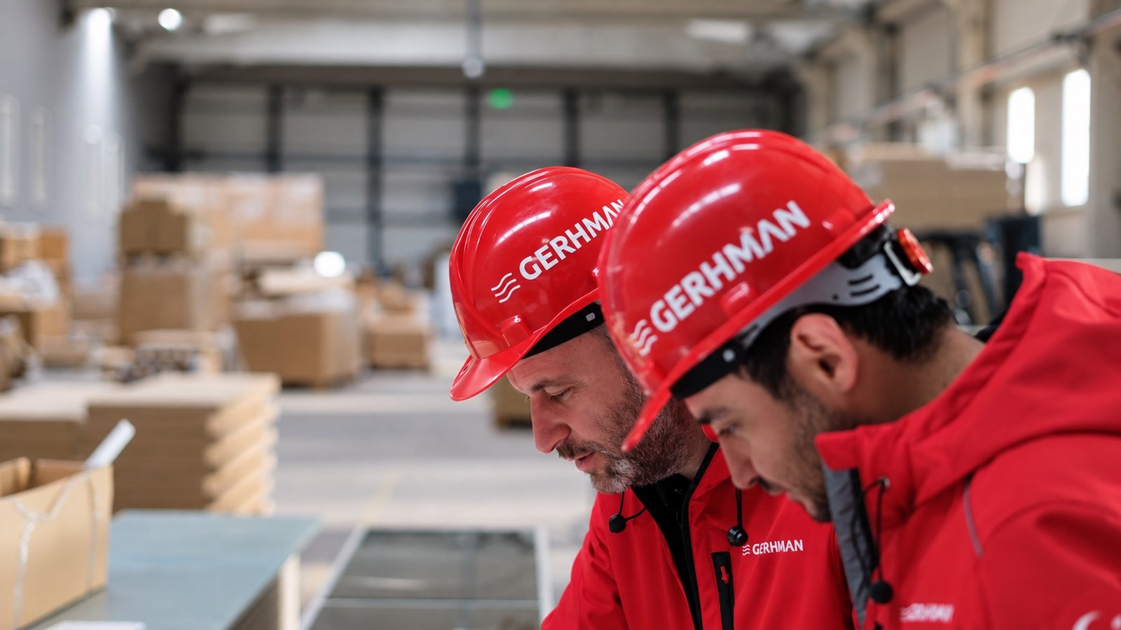 Two Gerhman team members in red hard hats reviewing work on site.