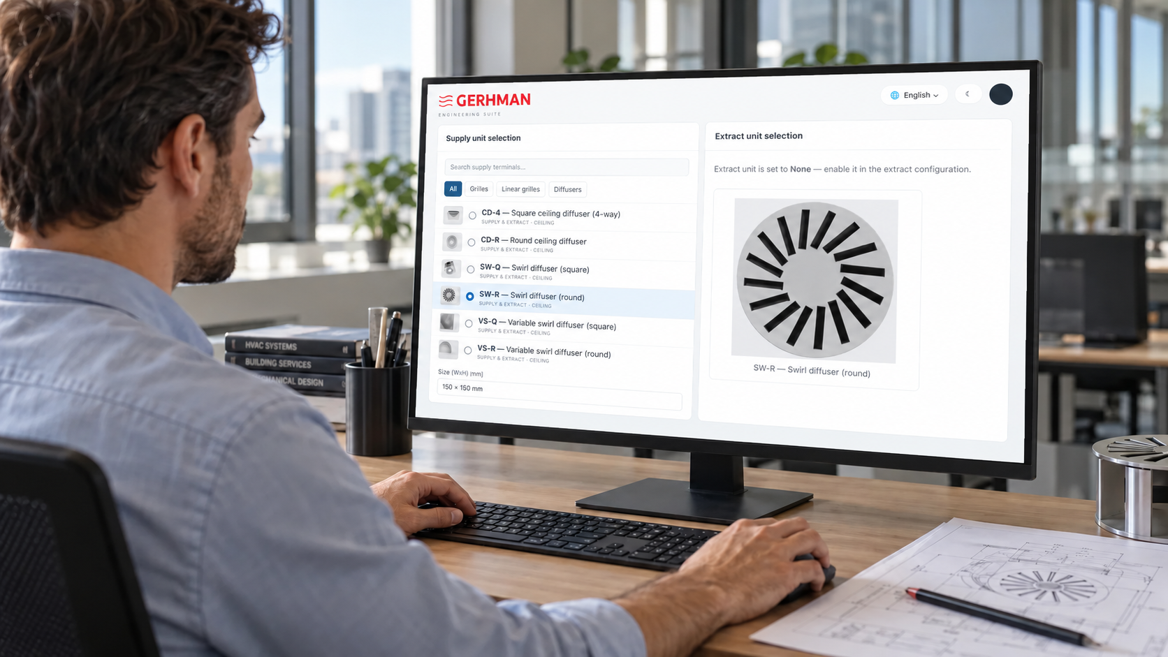 Illustrative Gerhman visual of an engineer at a product selection workstation
