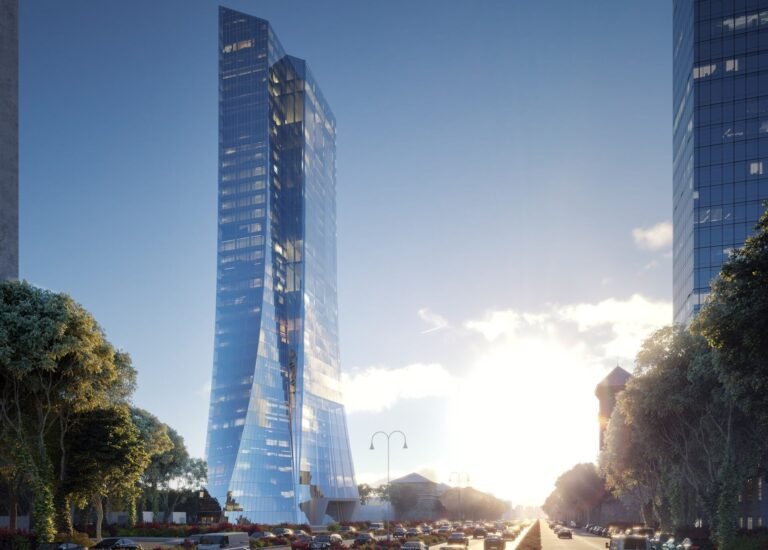 Architectural rendering of the Central Bank of Azerbaijan headquarters in Baku